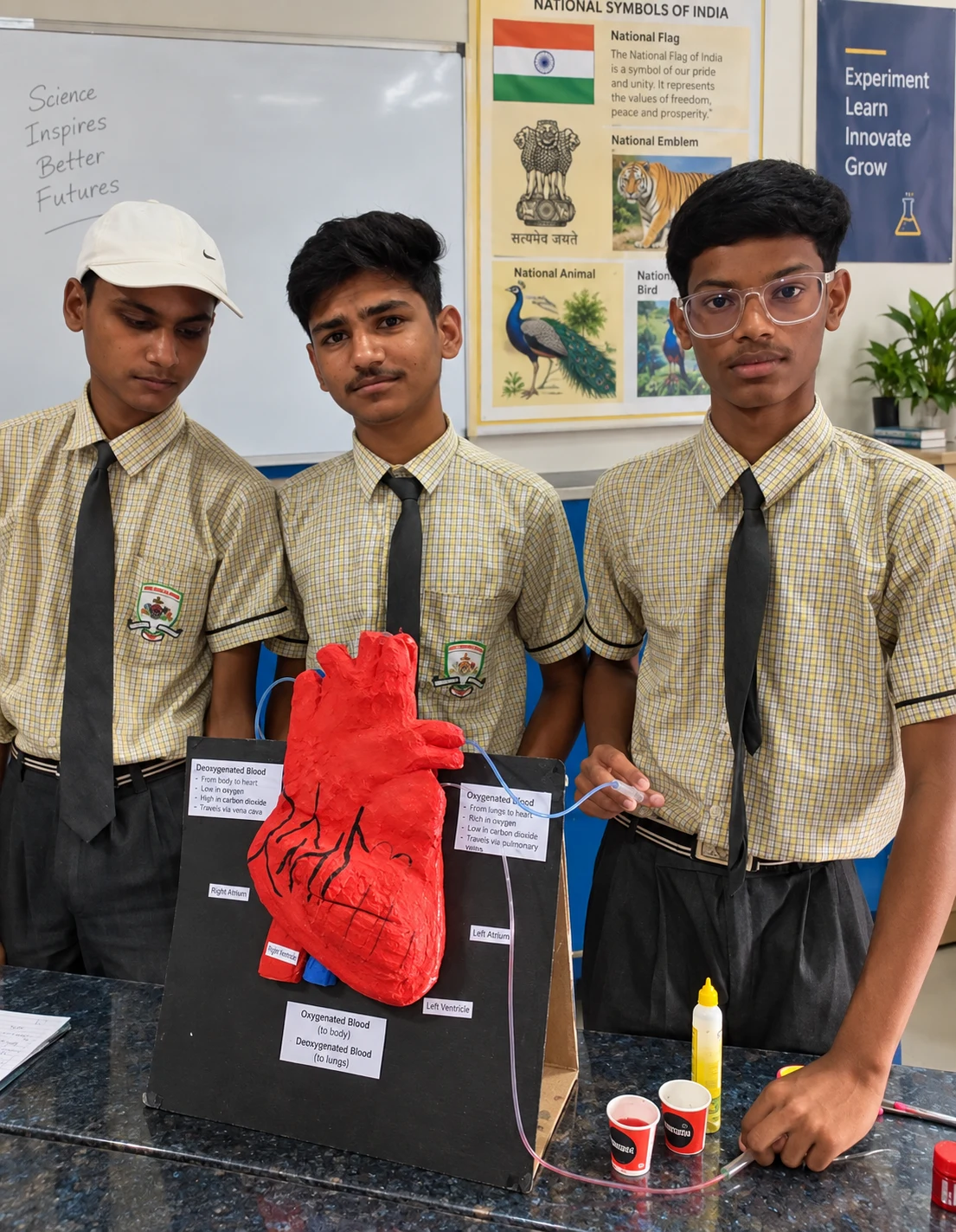 Senior students demonstrating working human heart biology model at science exhibition