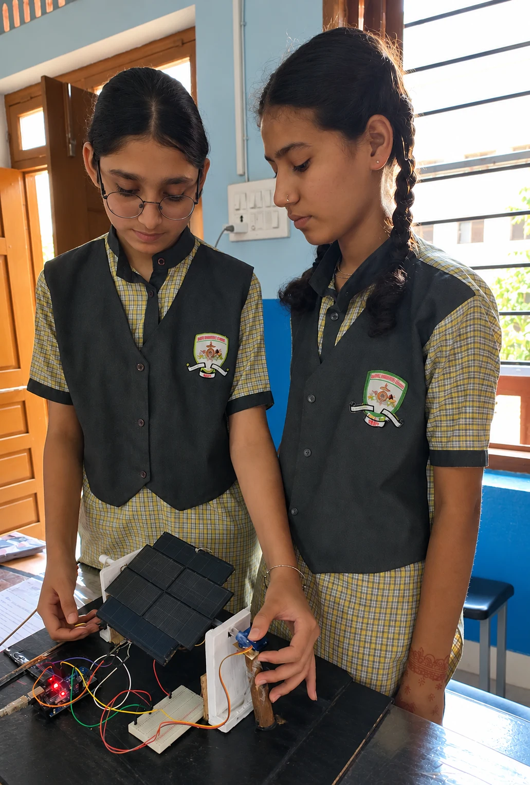 High school girl students demonstrating solar tracking science exhibition model in school uniform