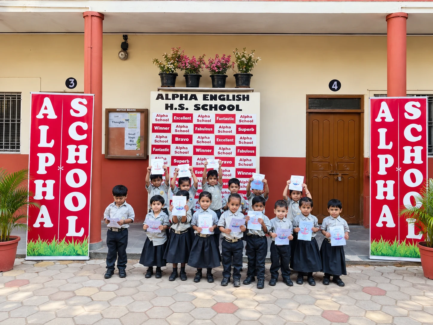 Primary school students proudly displaying academic achievement certificates in front of Alpha English H.S. School banner