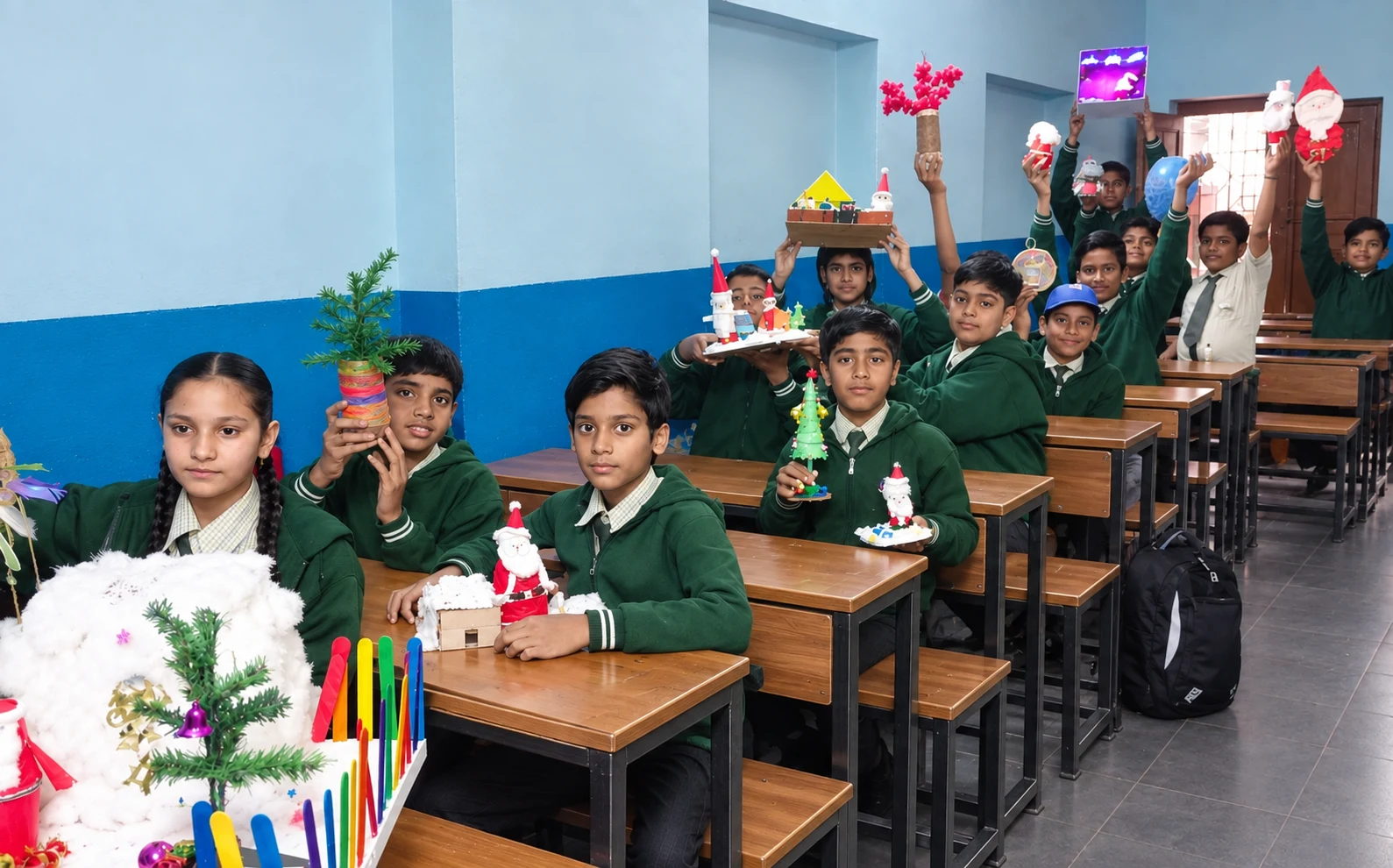 Students presenting handcrafted festive models and creative decor in classroom at Alpha English H.S. School