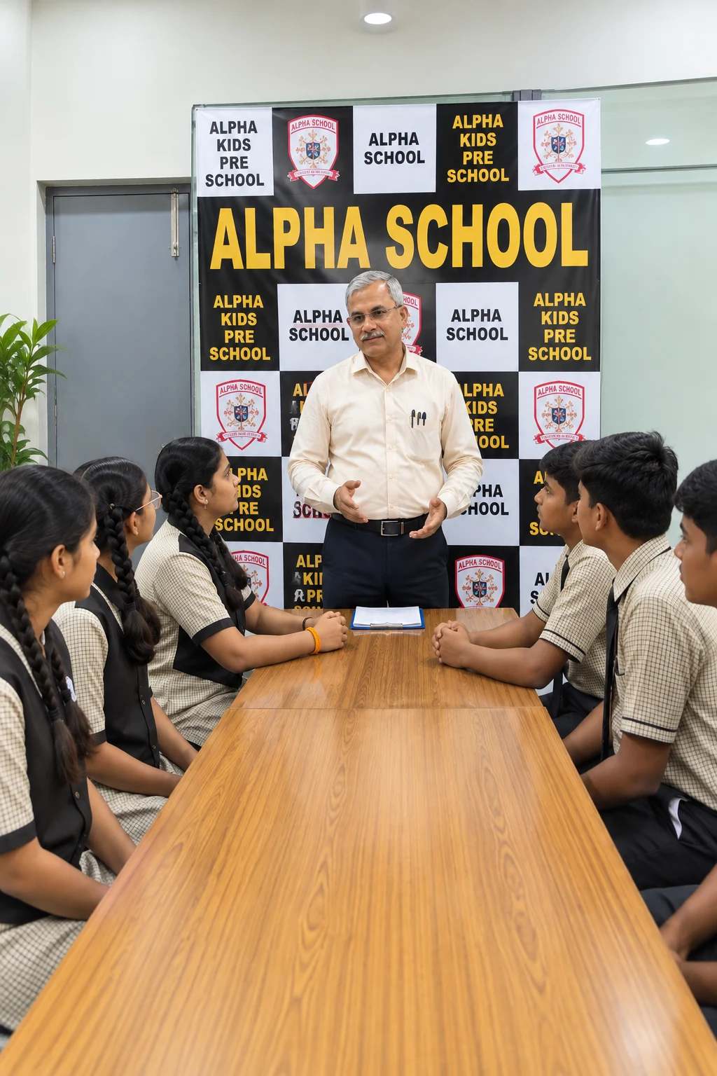 Faculty and students in interactive learning session at Alpha English H.S. School