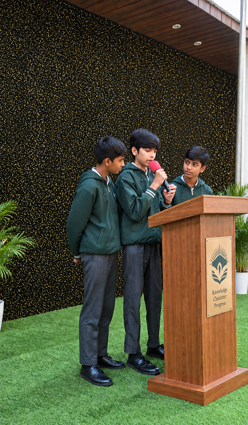 Student speaking at the assembly podium at Alpha English H.S. School